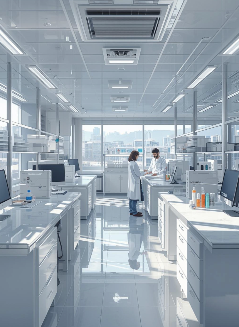 Modern laboratory with scientists working at their stations.