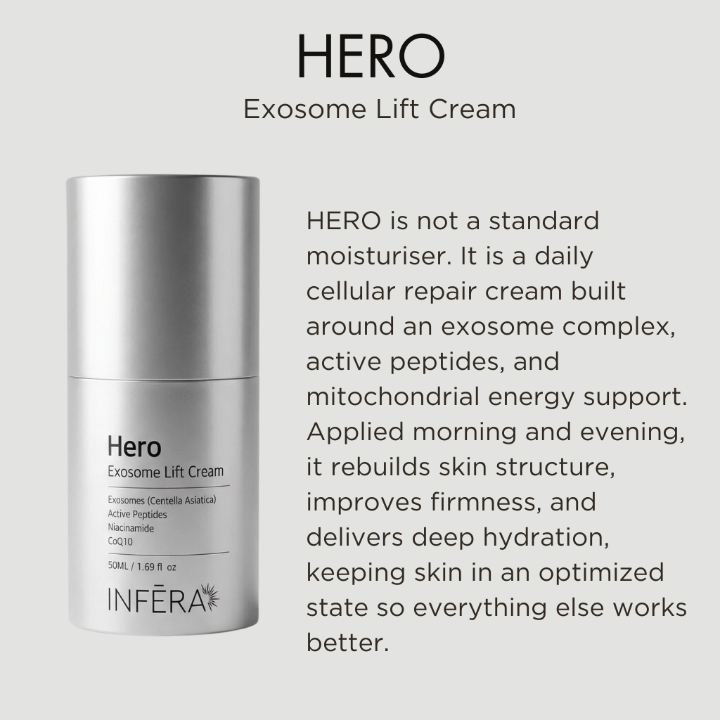 Hero Exosome Lift Cream packaging with product description text on a white background