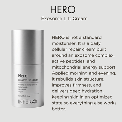Hero Exosome Lift Cream packaging with product description text on a white background