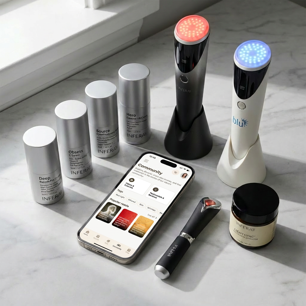 Array of INFERA skincare products and infrared light devices surrounding a phone screen displaying the INFERA mobile app screen in a marble countertop