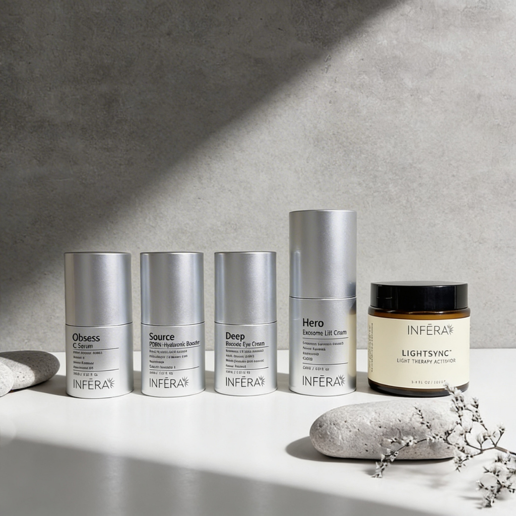 Collection of INFERA skincare products on a gray surface with a concrete wall background.