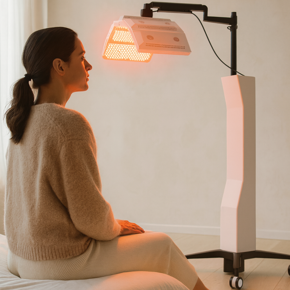 Woman receiving infrared light therapy treatment with a lamp.