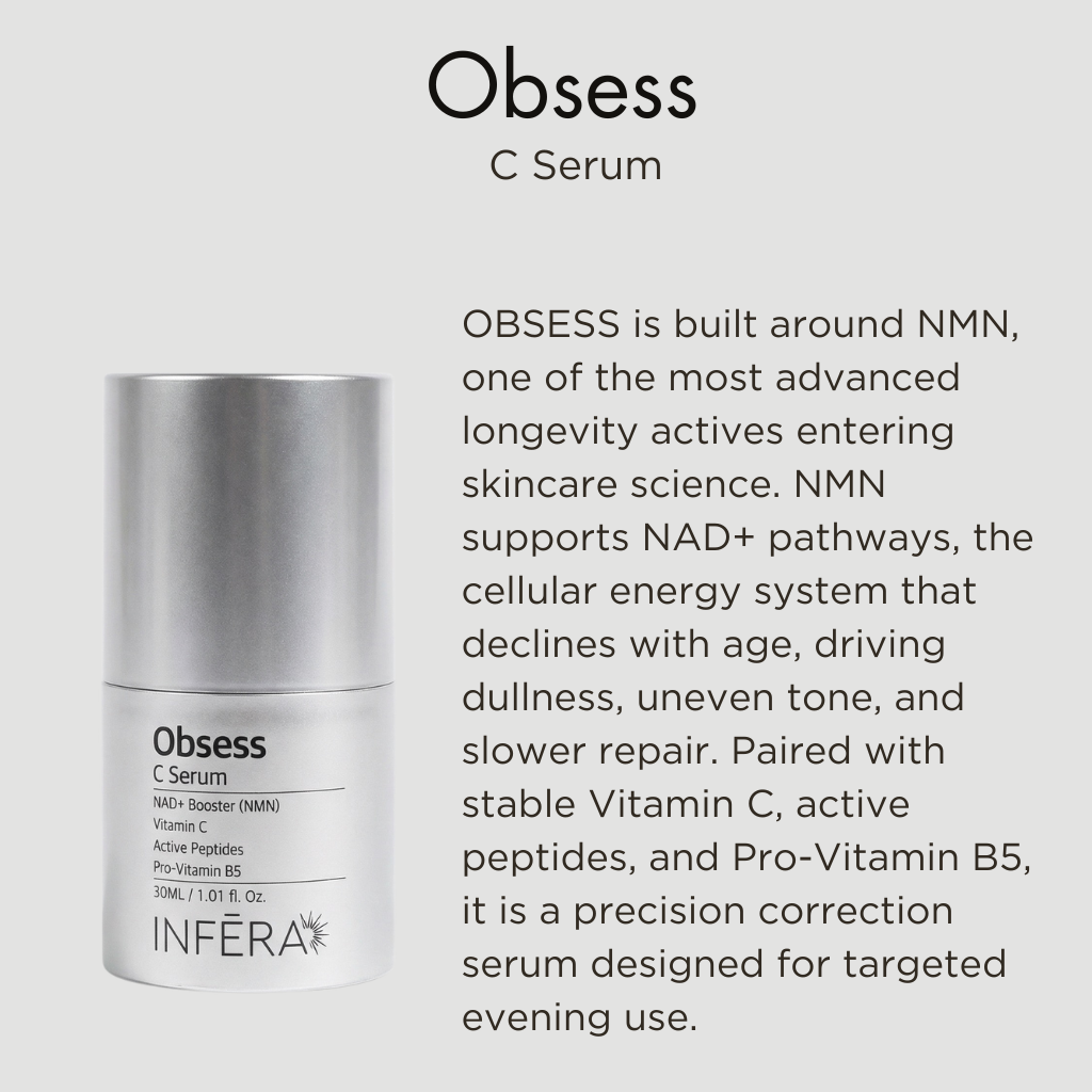 Obsess C Serum packaging with product description text on a light gray background