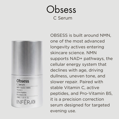 Obsess C Serum packaging with product description text on a light gray background