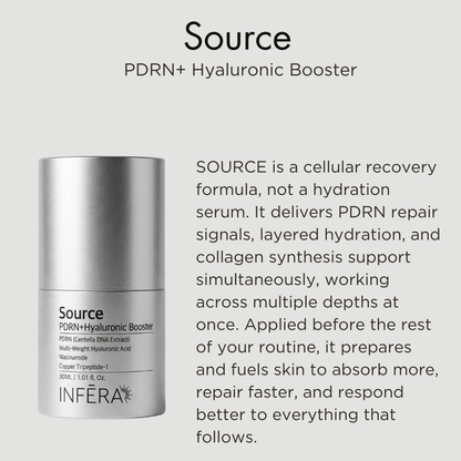 INFEREA Source PDRN+ Hyaluronic Booster on a light gray background with product description text.