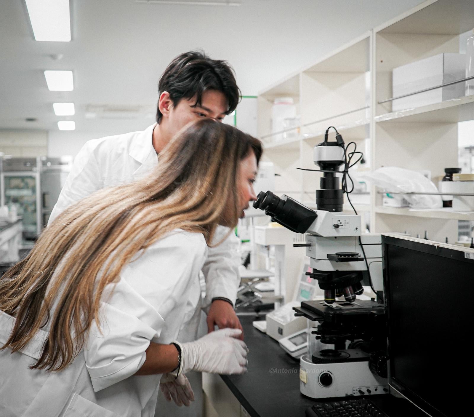 Two scientists in a lab examining something through a microscope.