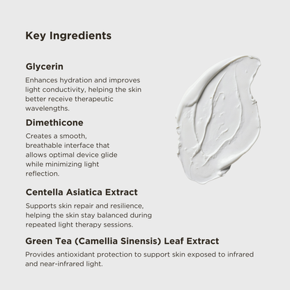 Product key ingredients with a swatch of the product on a light gray background