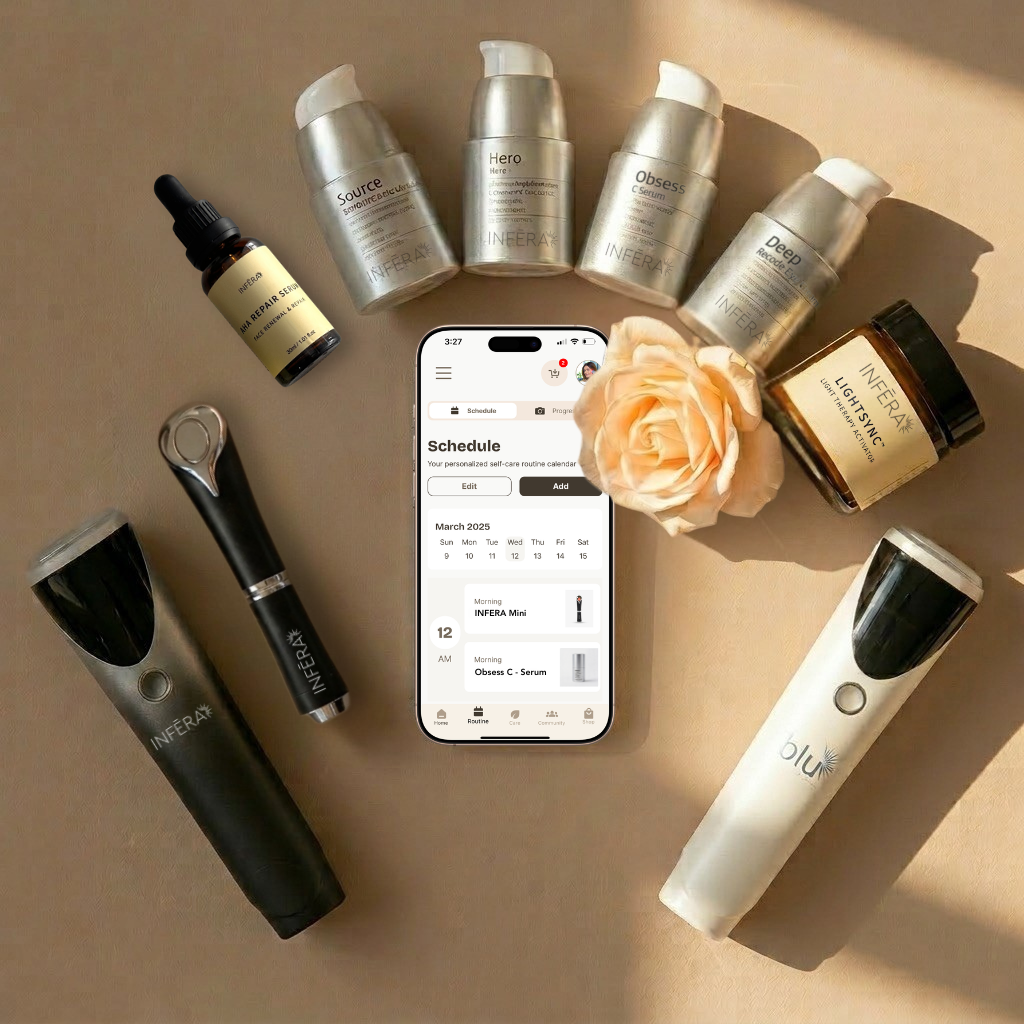 Skincare products, red light therapy devices, and a smartphone on a beige background