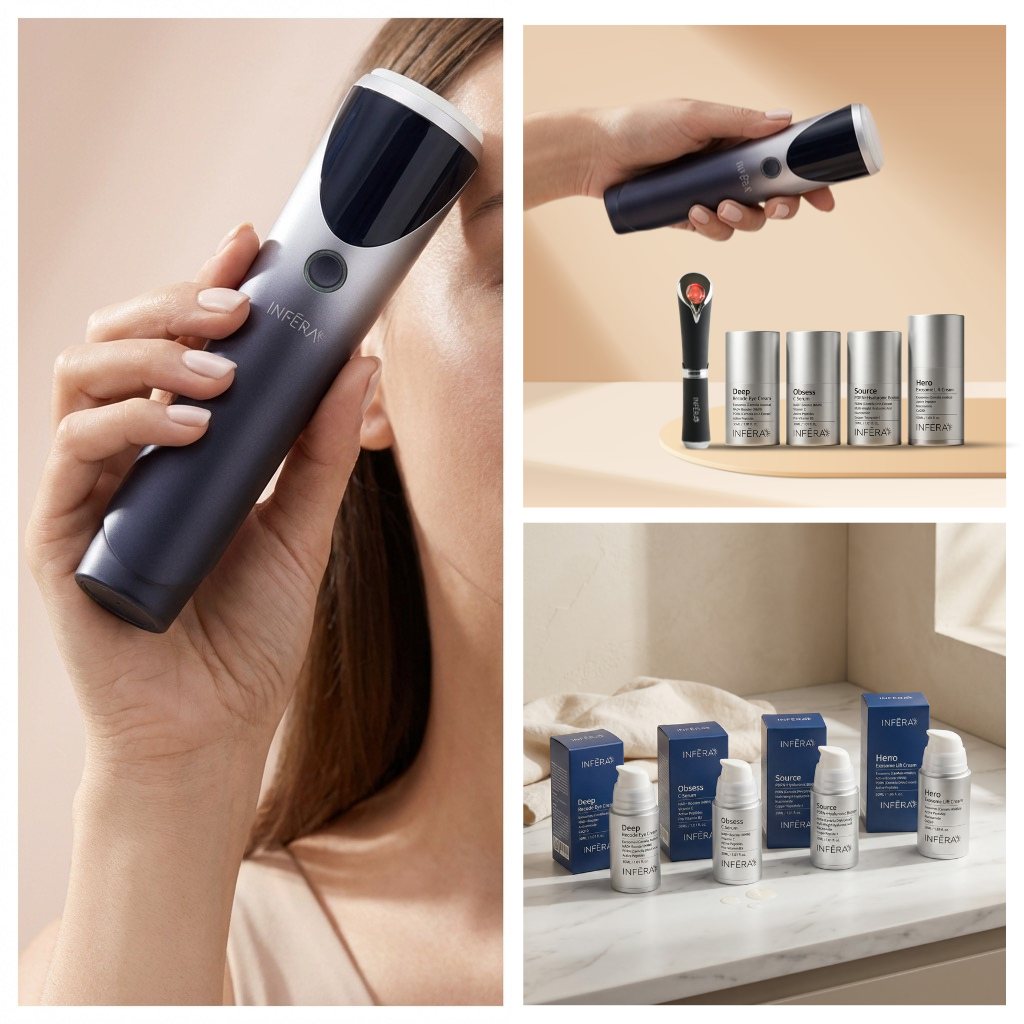Handheld device with INFERA branding, shown in use and on a shelf with skincare products.