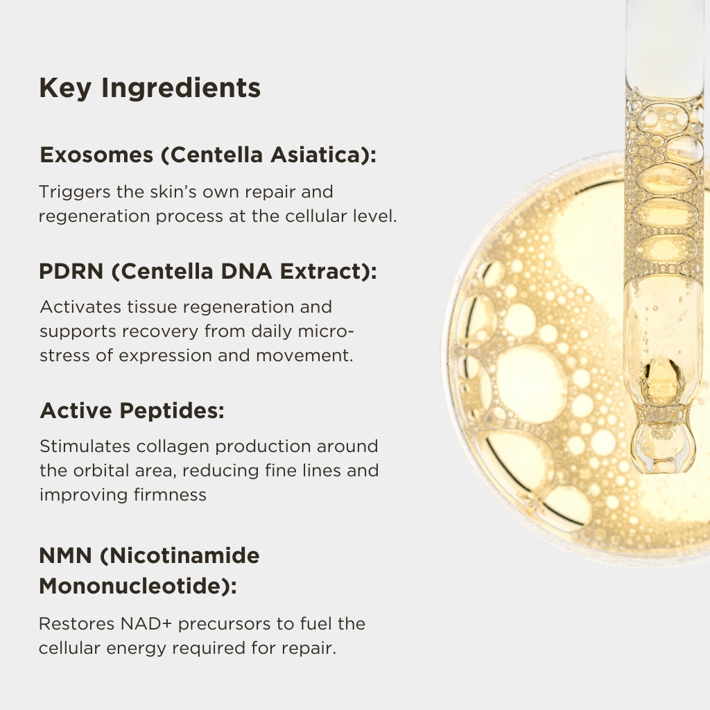 List of key ingredients with a close-up of a skincare product on a white background