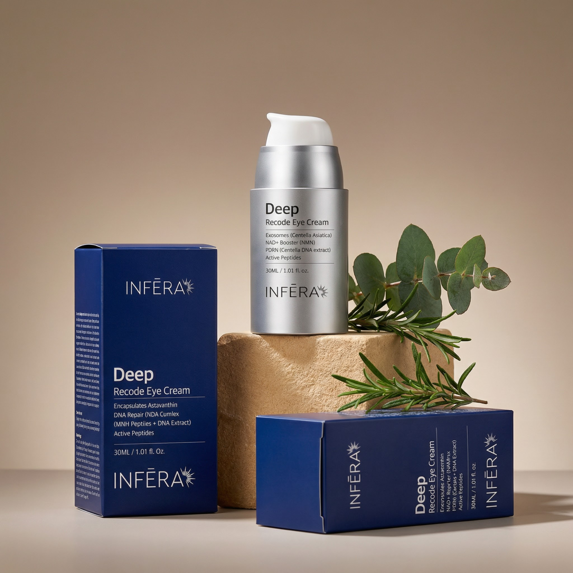 INFERA Deep Recode Eye Cream with packaging on a beige background