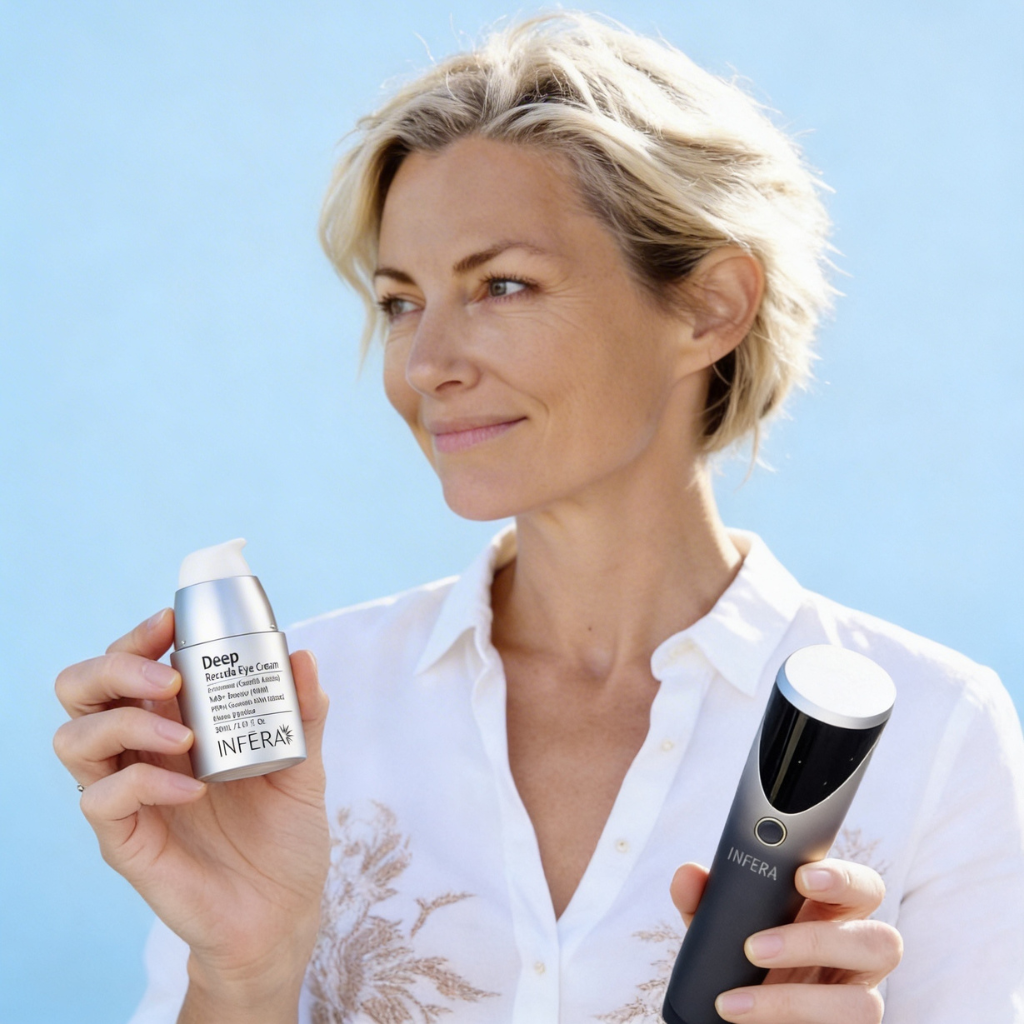 Woman holding a skincare product and device against a clear blue sky