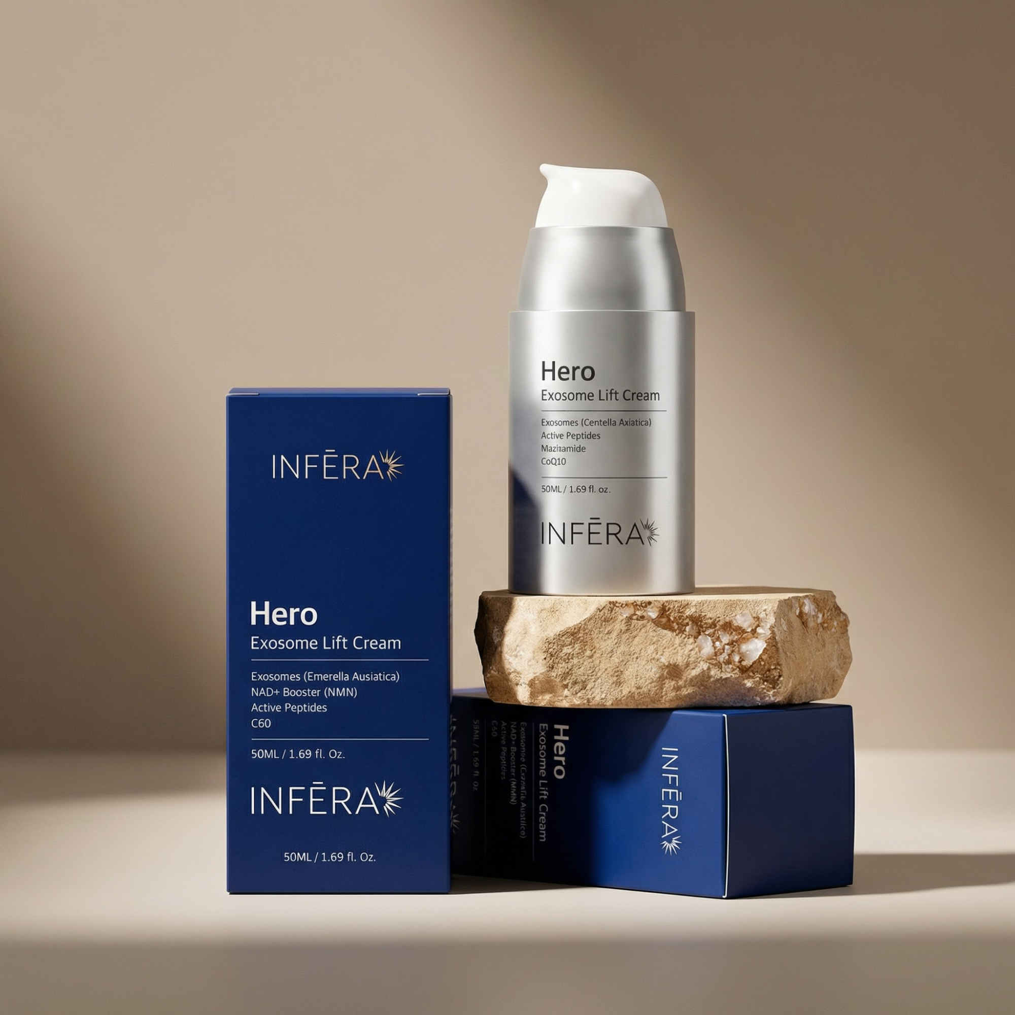 INFERA Hero Exosome Lift Cream with packaging on a neutral background