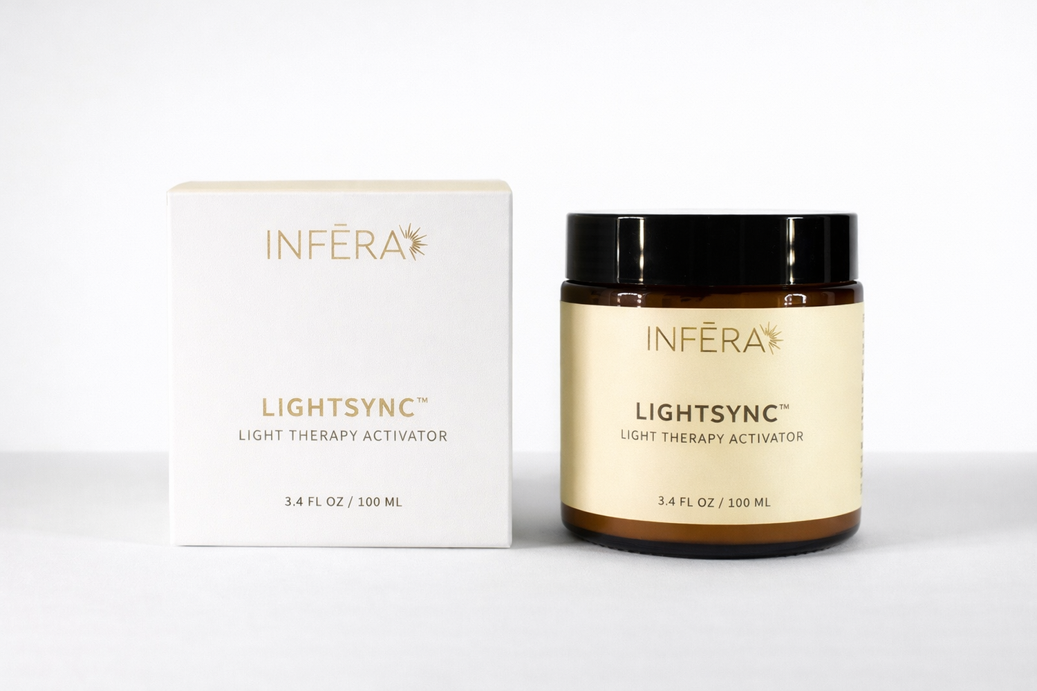 INFERA LIGHTSYNC light therapy activator jar and box on a white background