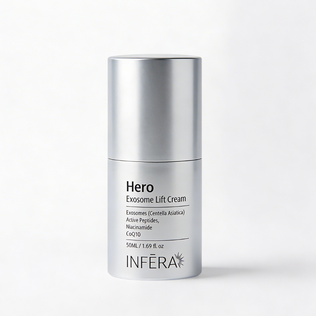 Skincare cream bottle labeled 'Hero Exosome Lift Cream' by 'INFERA' on a white background