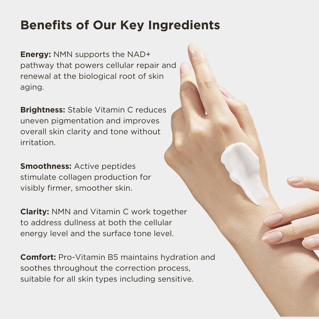 Hand applying cream with text about skincare benefits on a light background