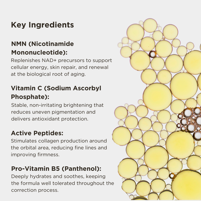List of key ingredients with a visual of oil droplets on a white background