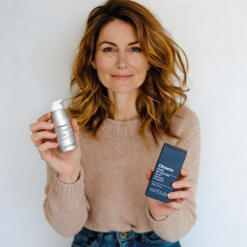 Woman holding two skincare products with a plain background