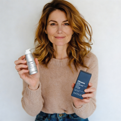 Woman holding two skincare products with a plain background