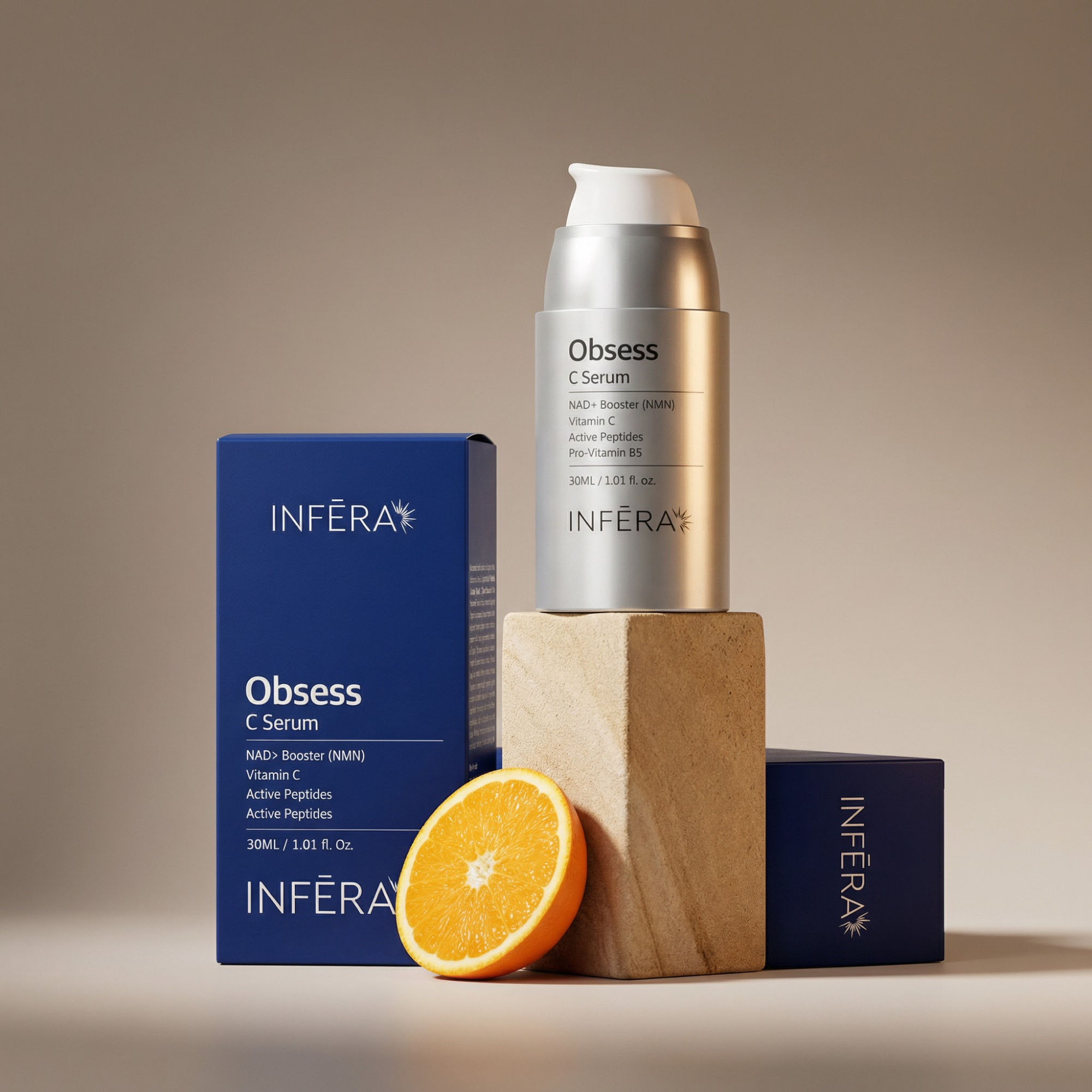 INFERA Obsess C Serum with packaging and an orange on a neutral background