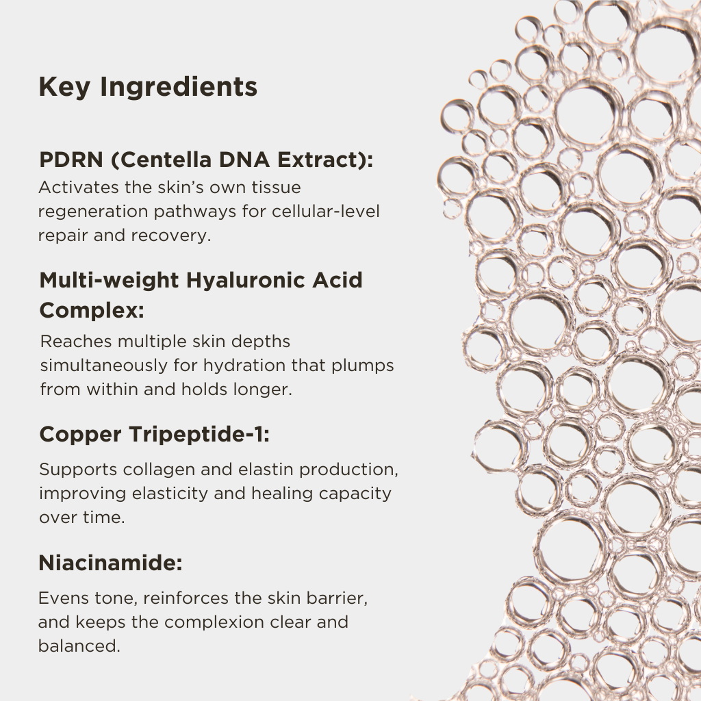 List of key ingredients with a close-up of skin texture on a light background