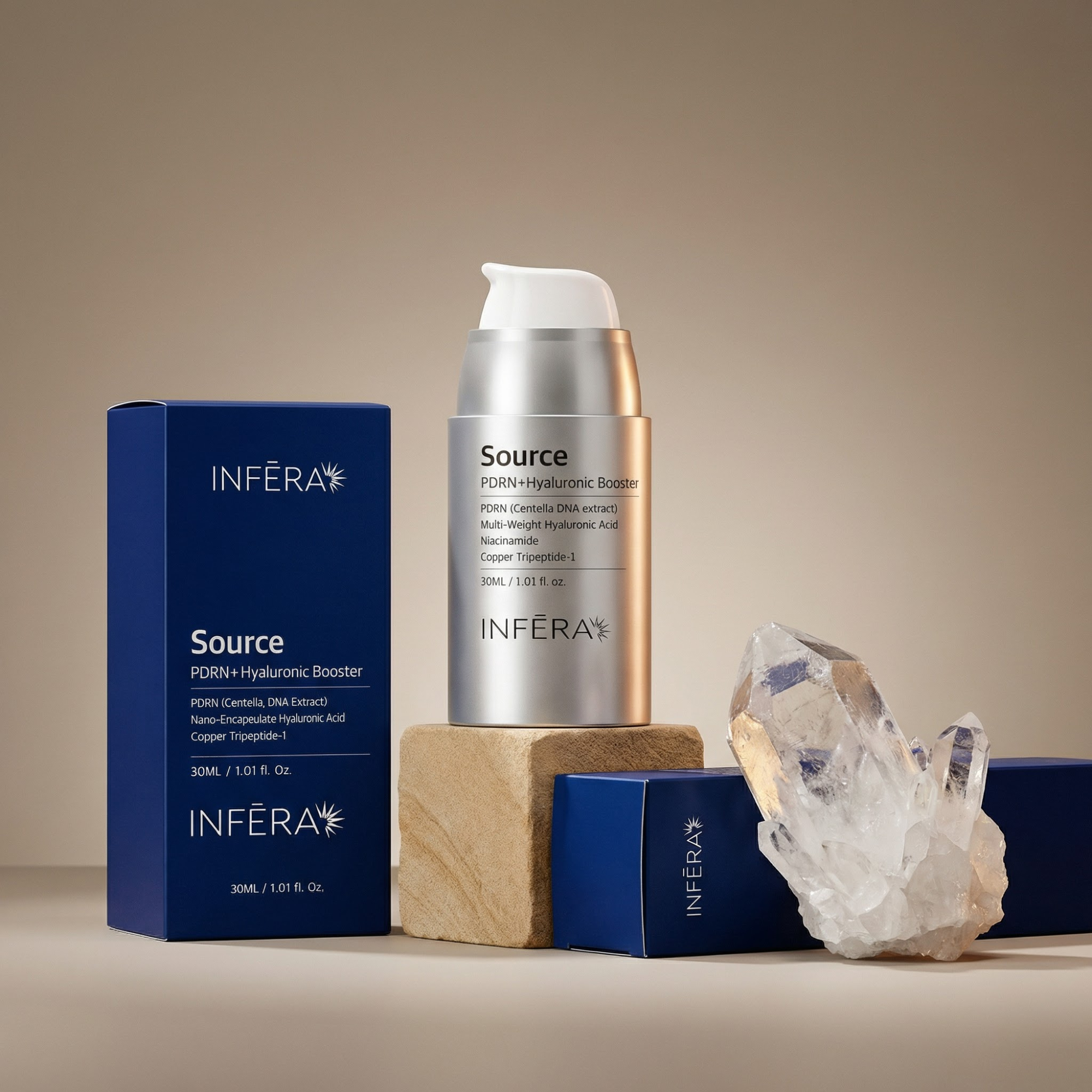 INFERA skincare product set with packaging and crystal on a beige background