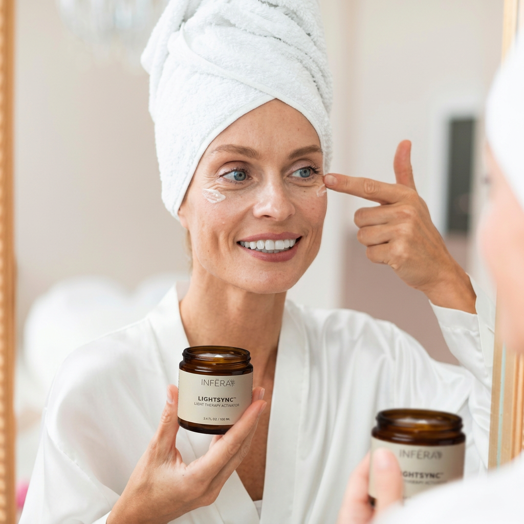 woman wearing a white robe looking at her reflection on the mirror while applying the light sync INFERA cream on her face 