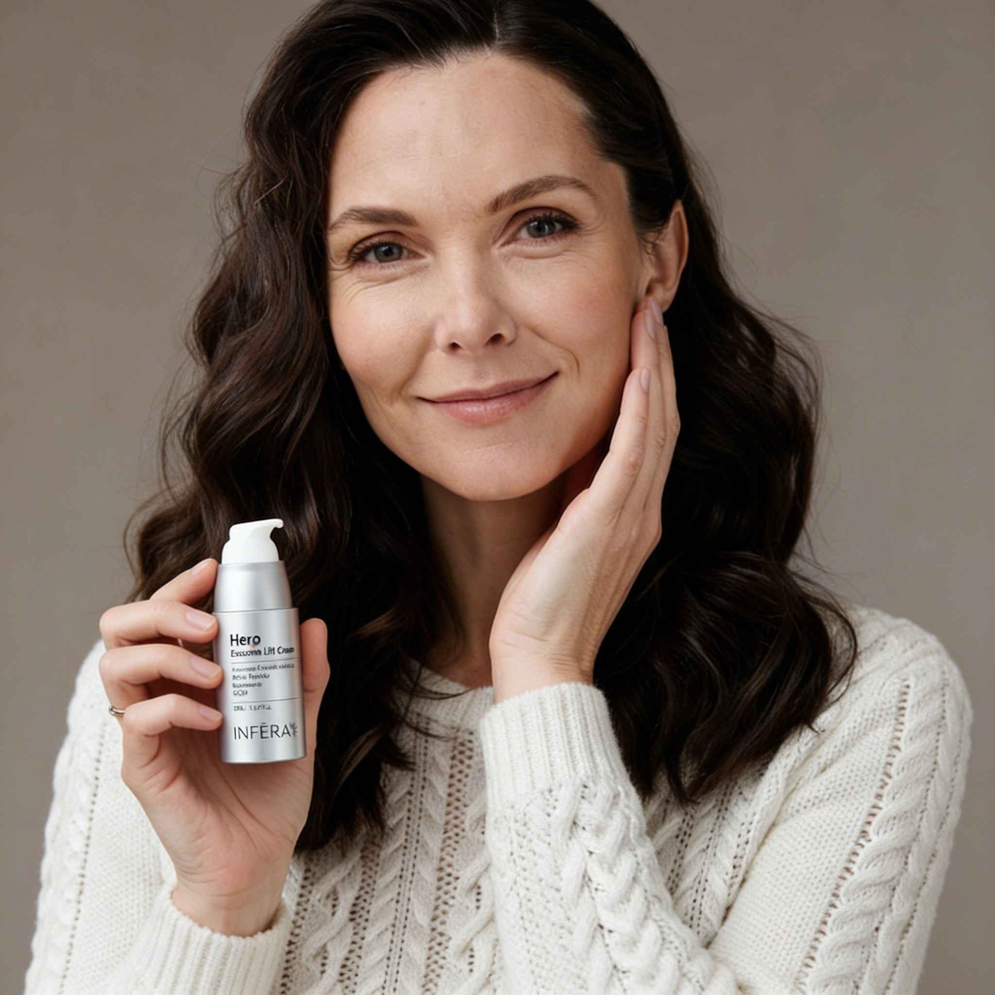Woman holding a skincare product with a neutral background